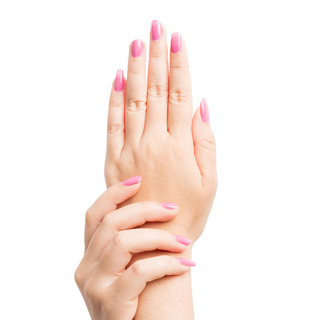Bright pink almond gel nails, hands stacked on white